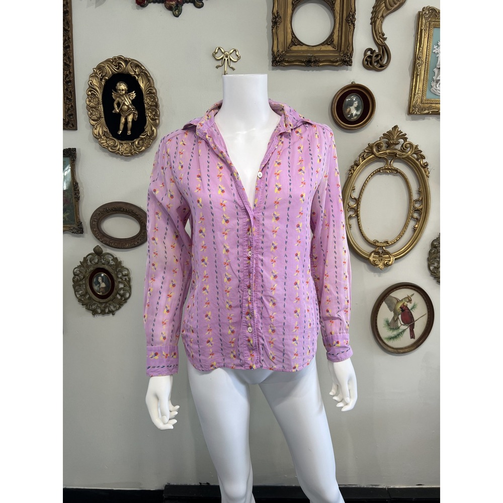 Celine Paris Vintage Pink Floral Stripe Long Sleeve Button Up Shirt Womens 42 - Picture 1 of 7